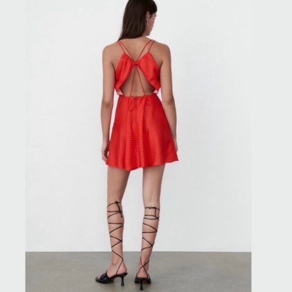 NWT Zara Silky Polka Dot Tie Back Mini Dress Red & Black - Picture 4 of 10